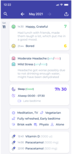 image showing the timeline view of symptoms, moods, meds, and other health tracking in the Bearable interface