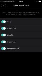 Apple Health data settings in Bearable