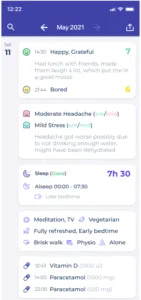 image showing the timeline view of symptoms, moods, meds, and other health tracking in the Bearable interface