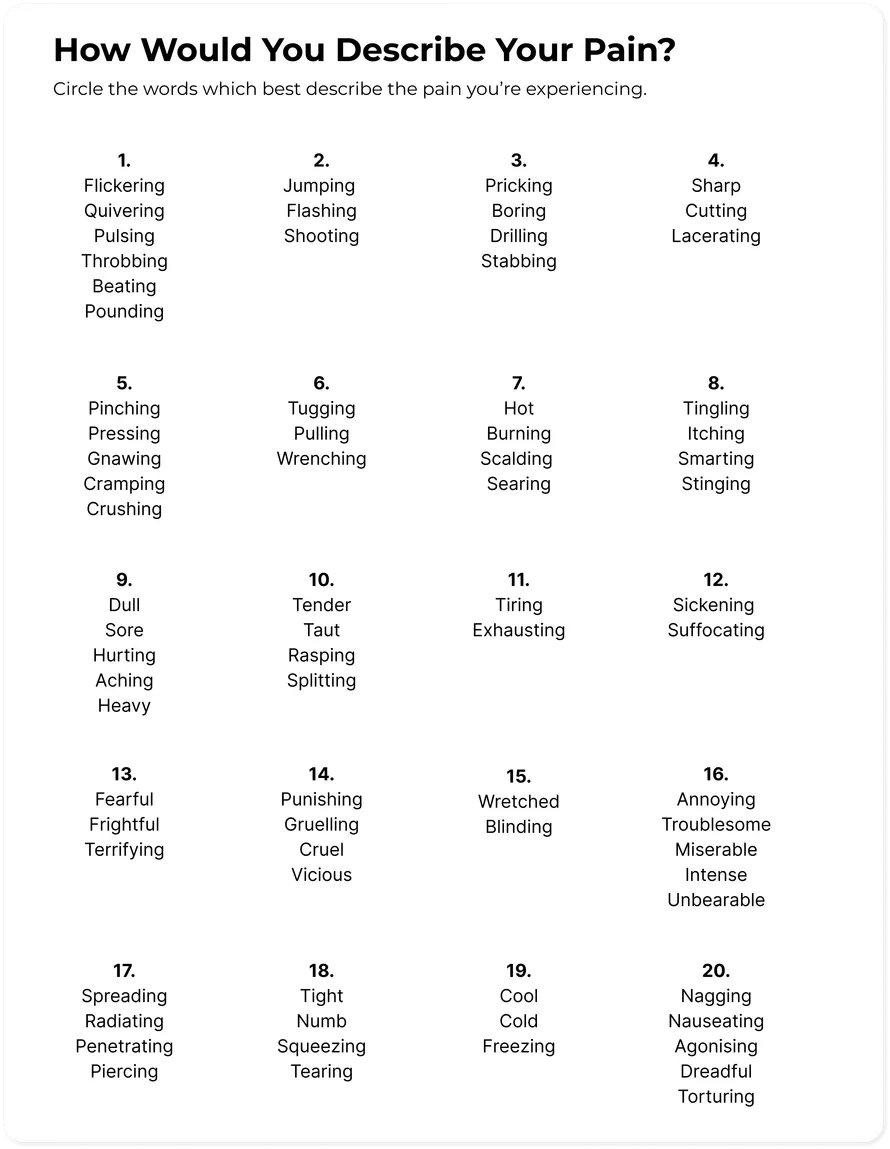 How to describe pain sensations worksheet