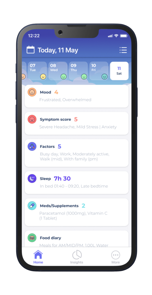 Bearable App Homepage - track mood, symptoms, factors, medications, sleep, energy and more