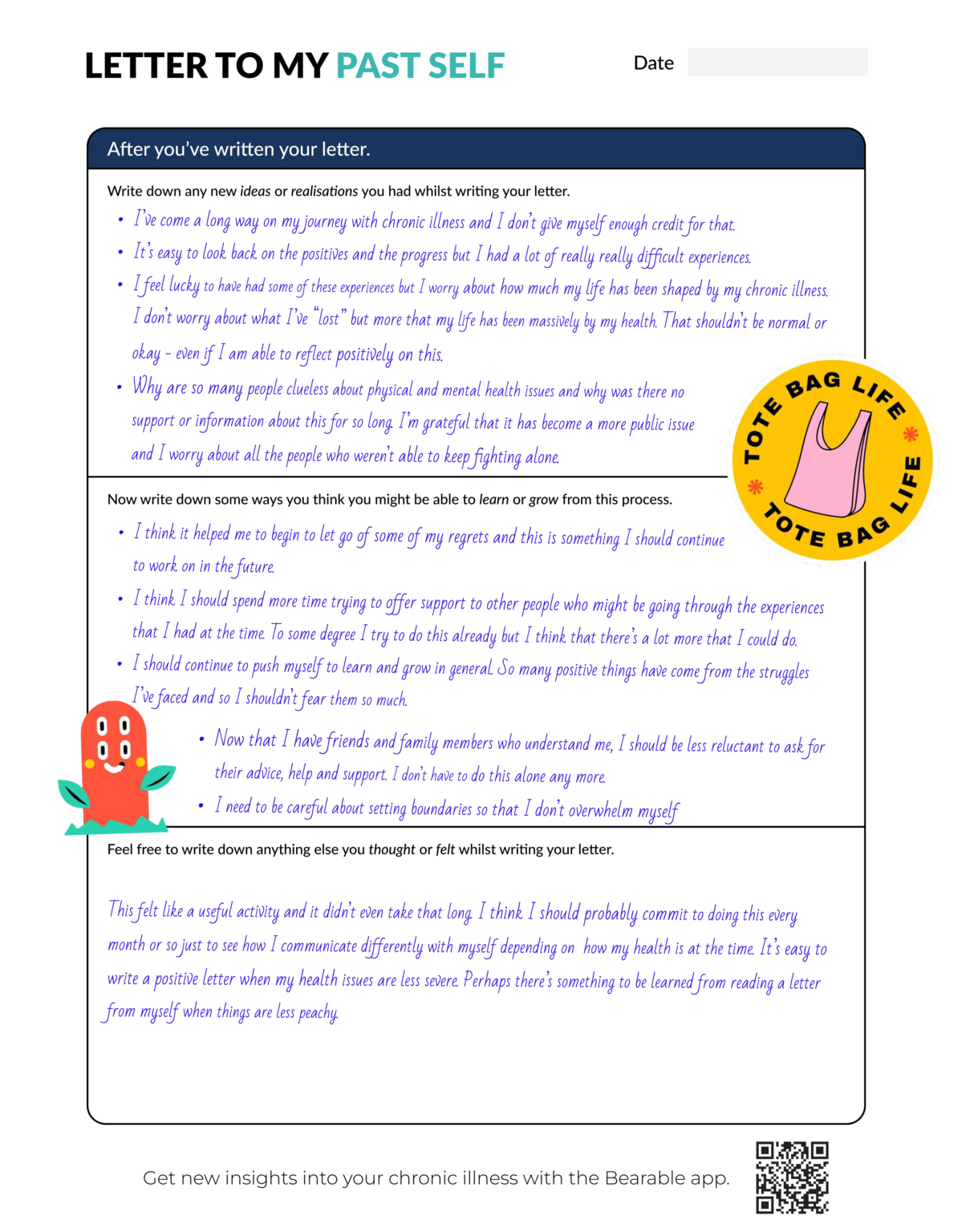 Letter To Your Past Self - Mental Health Worksheet- Bearable